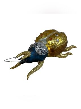 Cody Foster Glass Gold Blue Beetle Glittered Jeweled Christmas Ornament 4.5"